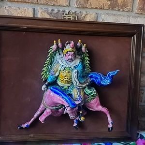 Acient original  ceramic or clay  Japanese bullfight wall art.